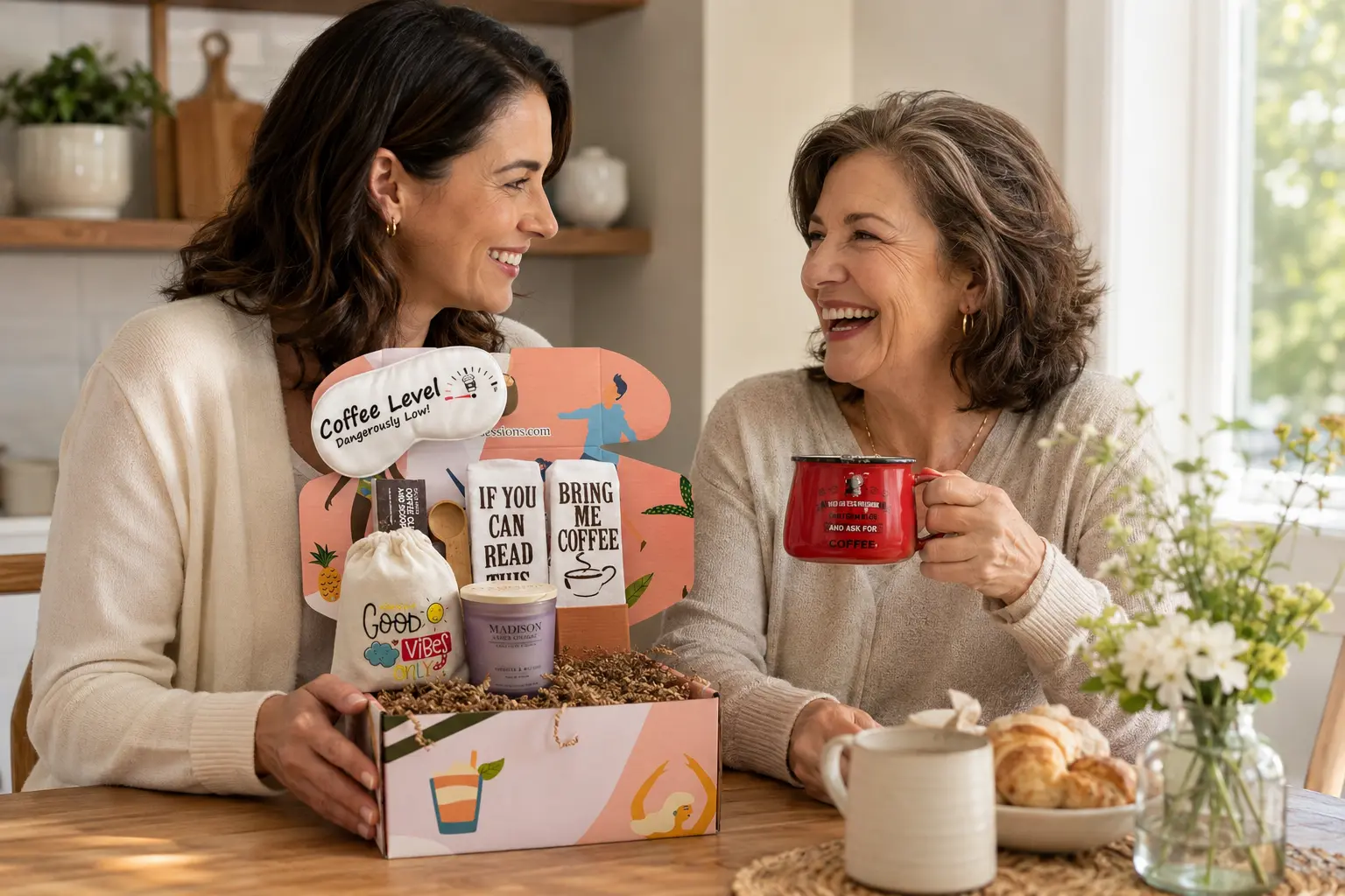 Mother and daughter laughing over a Silly Obsessions coffee lover gift box.