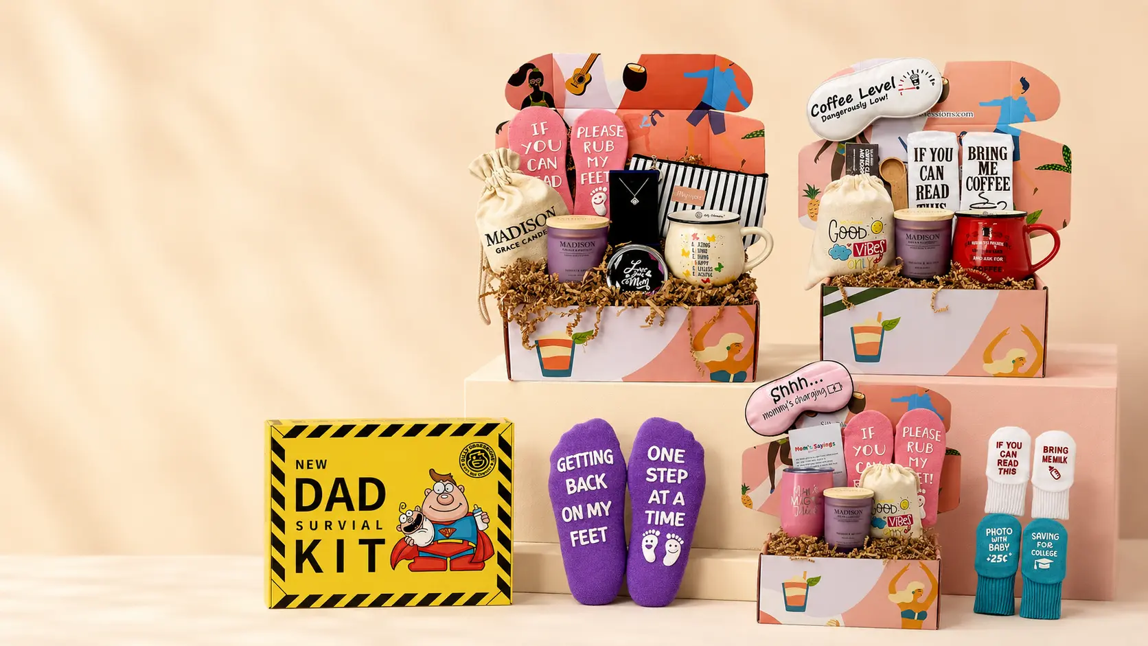 Silly Obsessions gift boxes, recovery socks, and new dad survival kit arranged together.