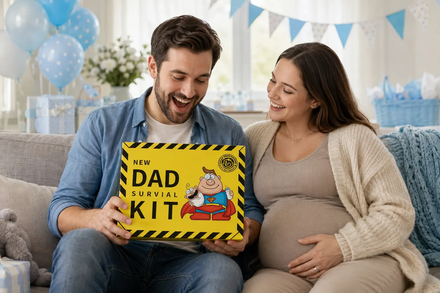 Expecting parents laughing over a yellow New Dad Survival Kit.