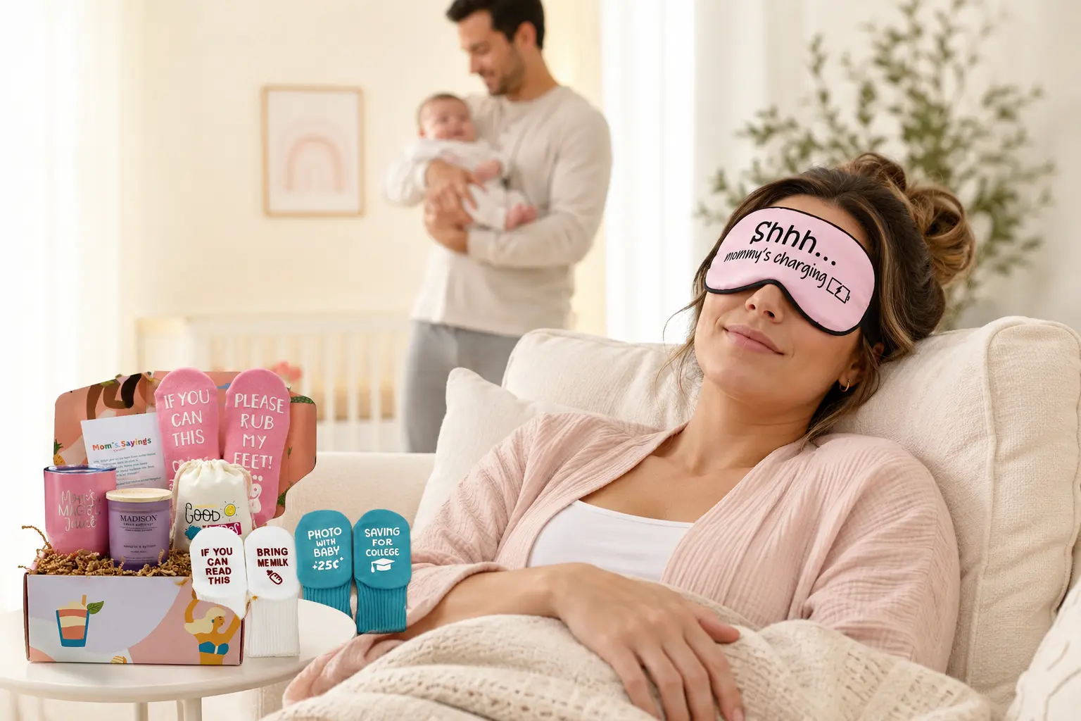 New mother resting in a Mommy’s Charging sleep mask while her partner holds their baby.