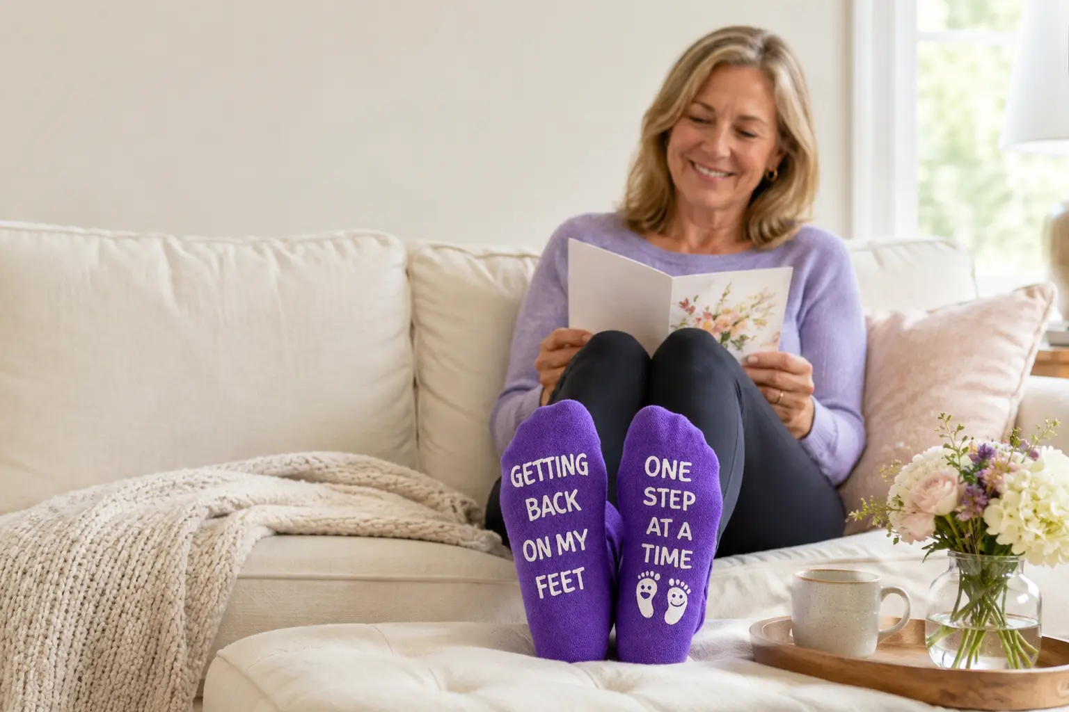 Woman resting at home in purple Getting Back On My Feet recovery socks.